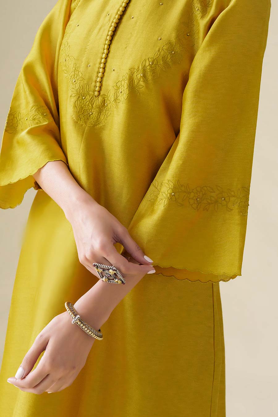 Mustard Floral-Embroidered Kurta & Pant Set (Set of 2)