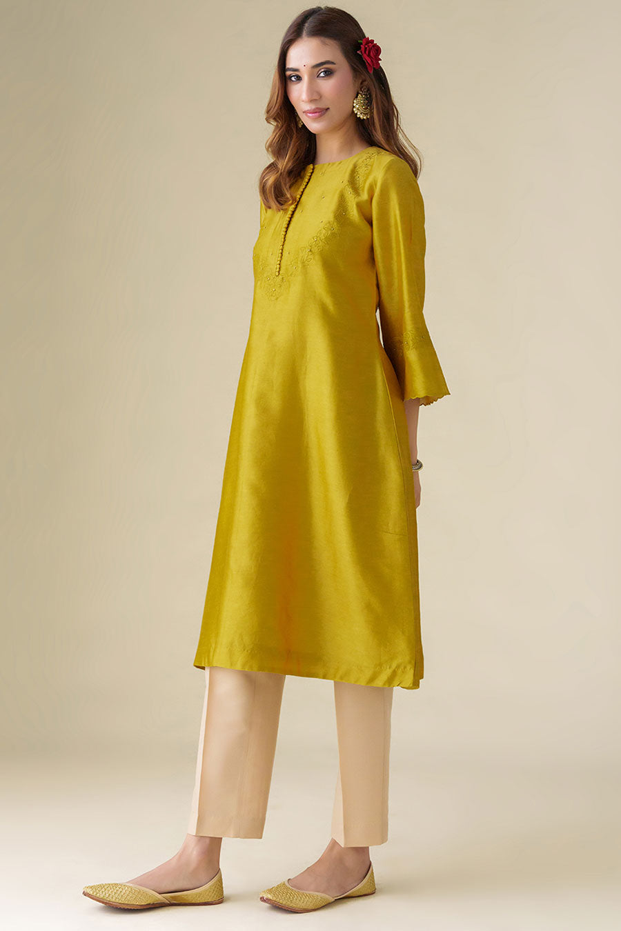Mustard Floral-Embroidered Kurta