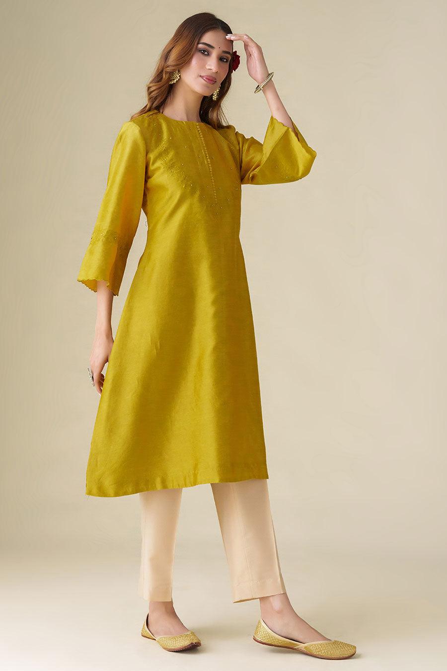 Mustard Floral-Embroidered Kurta
