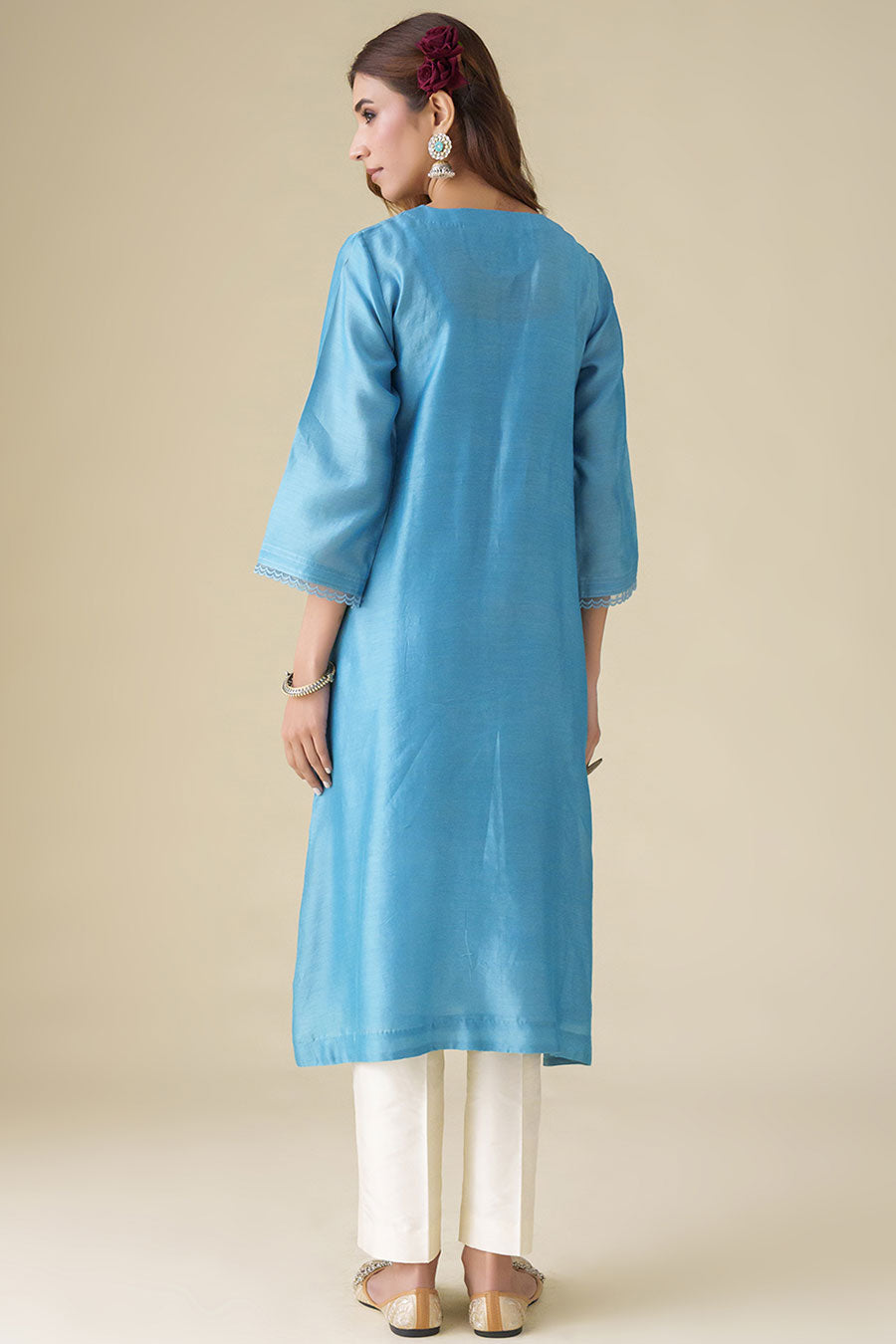 Blue Floral-Embroidered Kurta