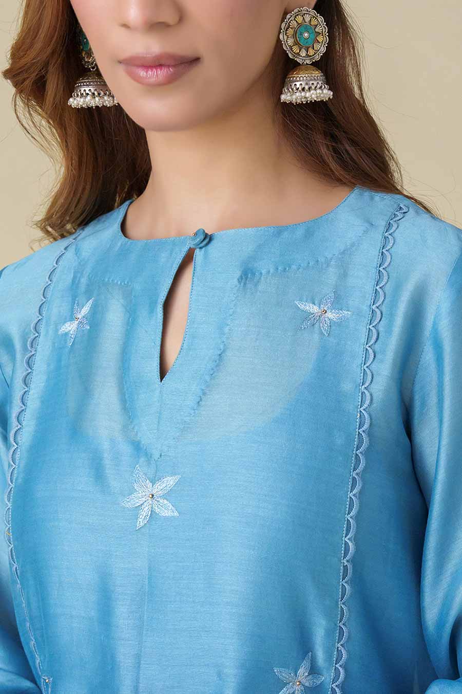 Blue Floral-Embroidered Kurta