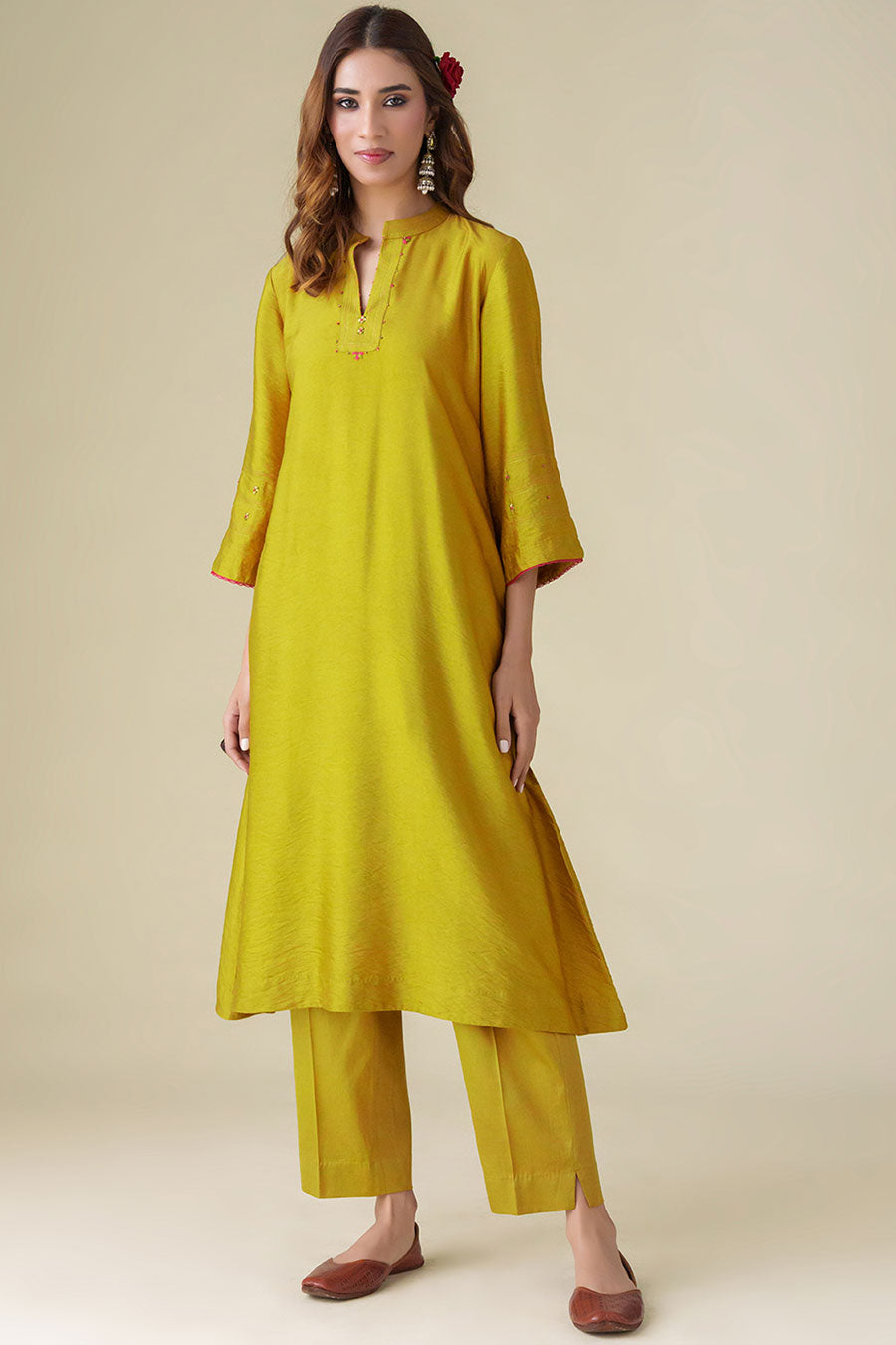 Mustard Hand-Embroidered Kurta & Pant Set (Set of 2)