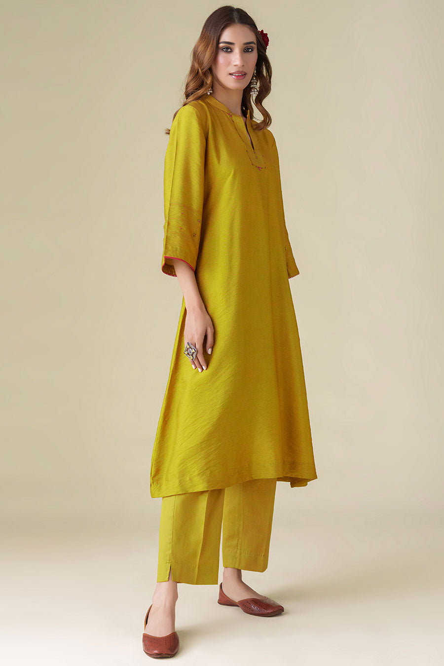 Mustard Hand-Embroidered Kurta & Pant Set (Set of 2)