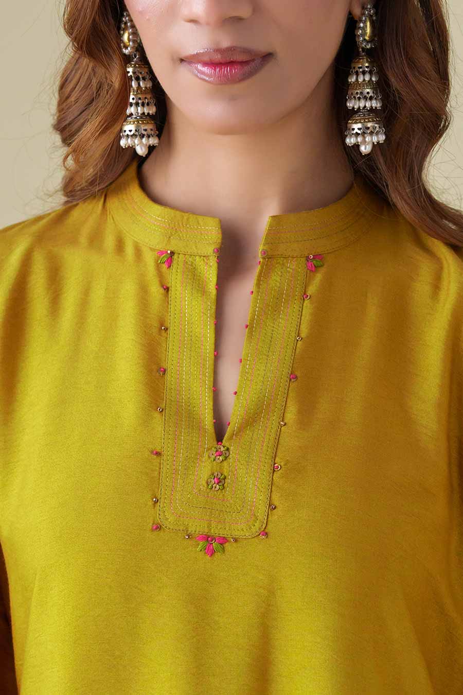 Mustard Hand-Embroidered Kurta