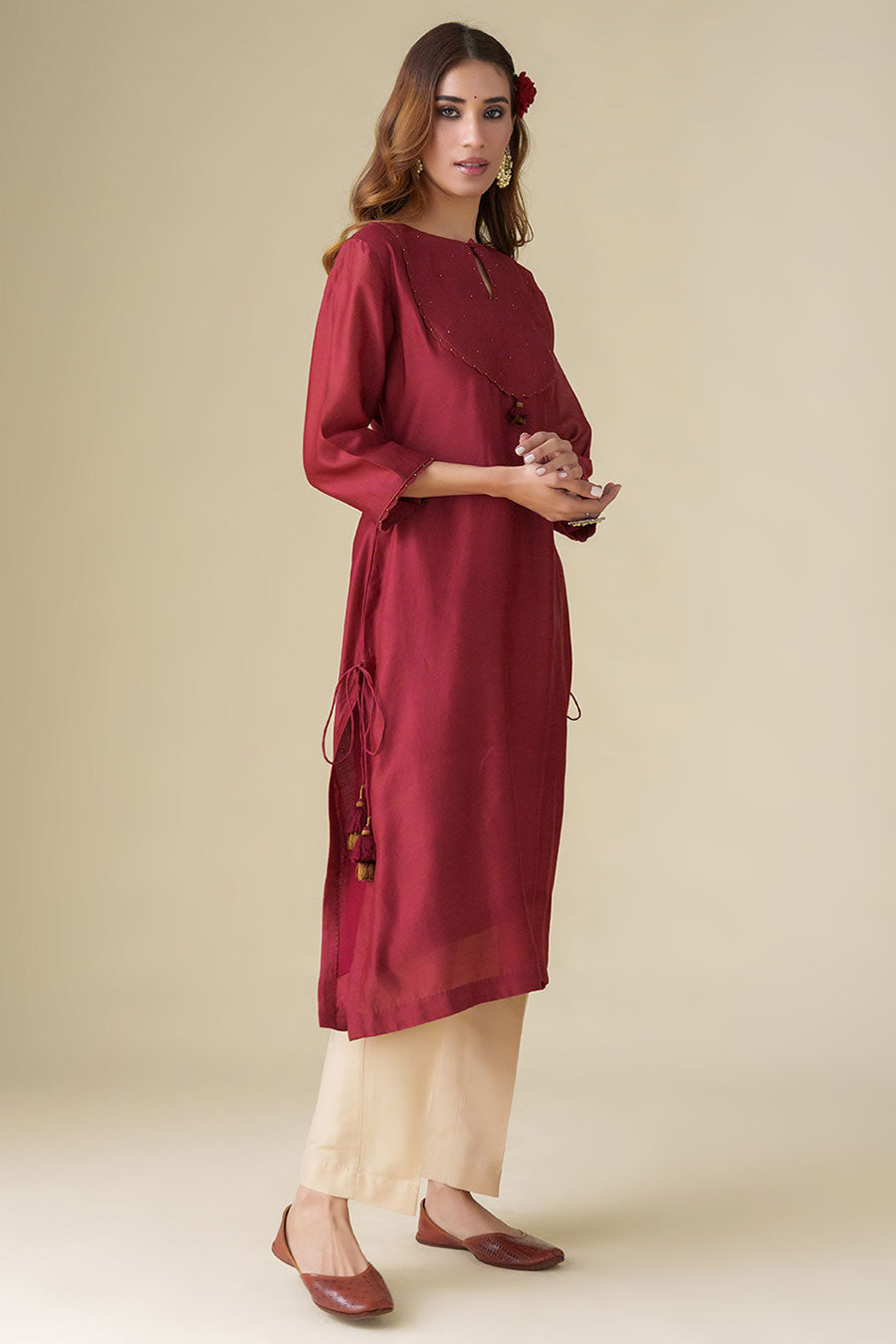 Maroon Embellished Kurta