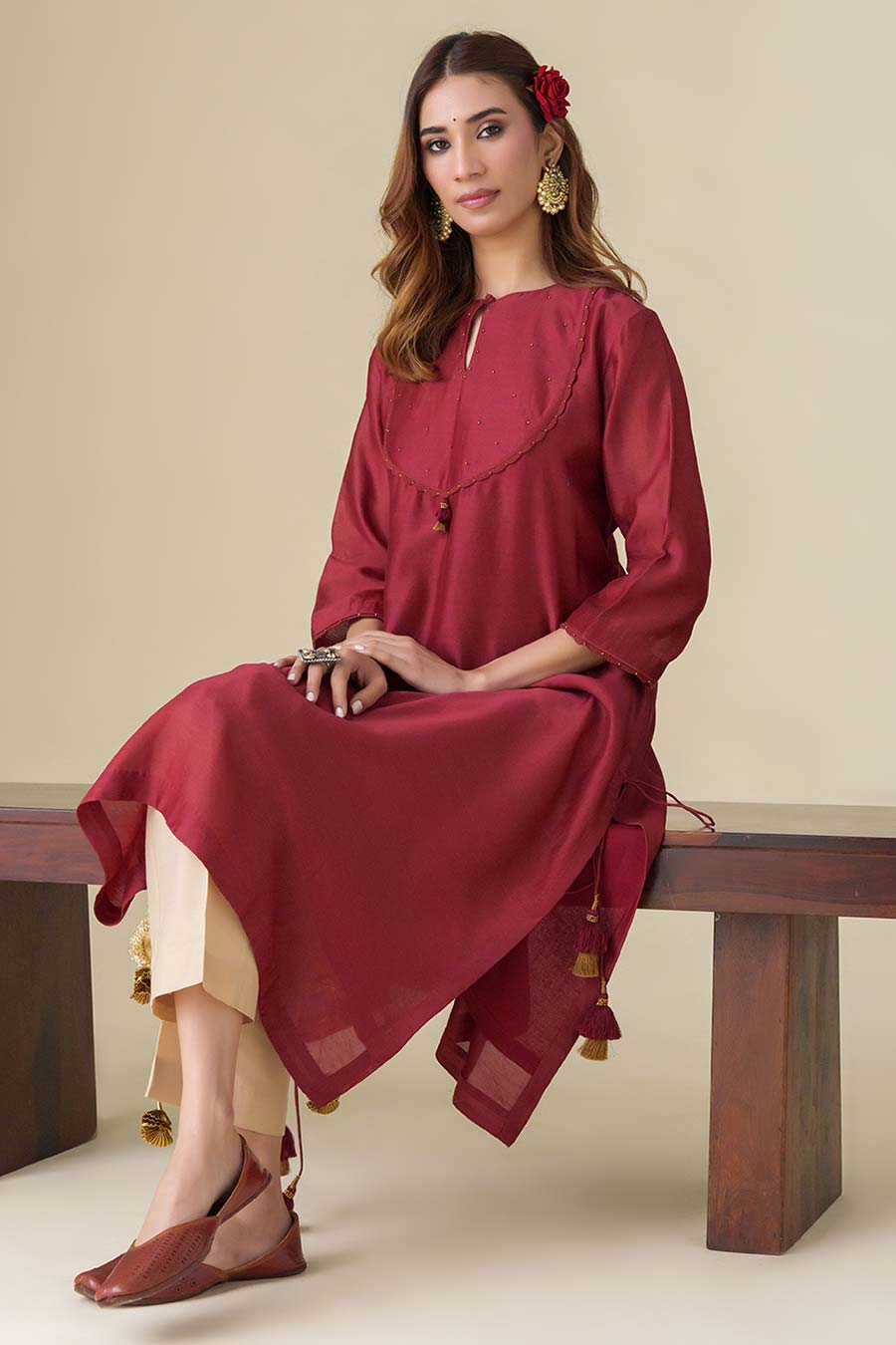 Maroon Embellished Kurta