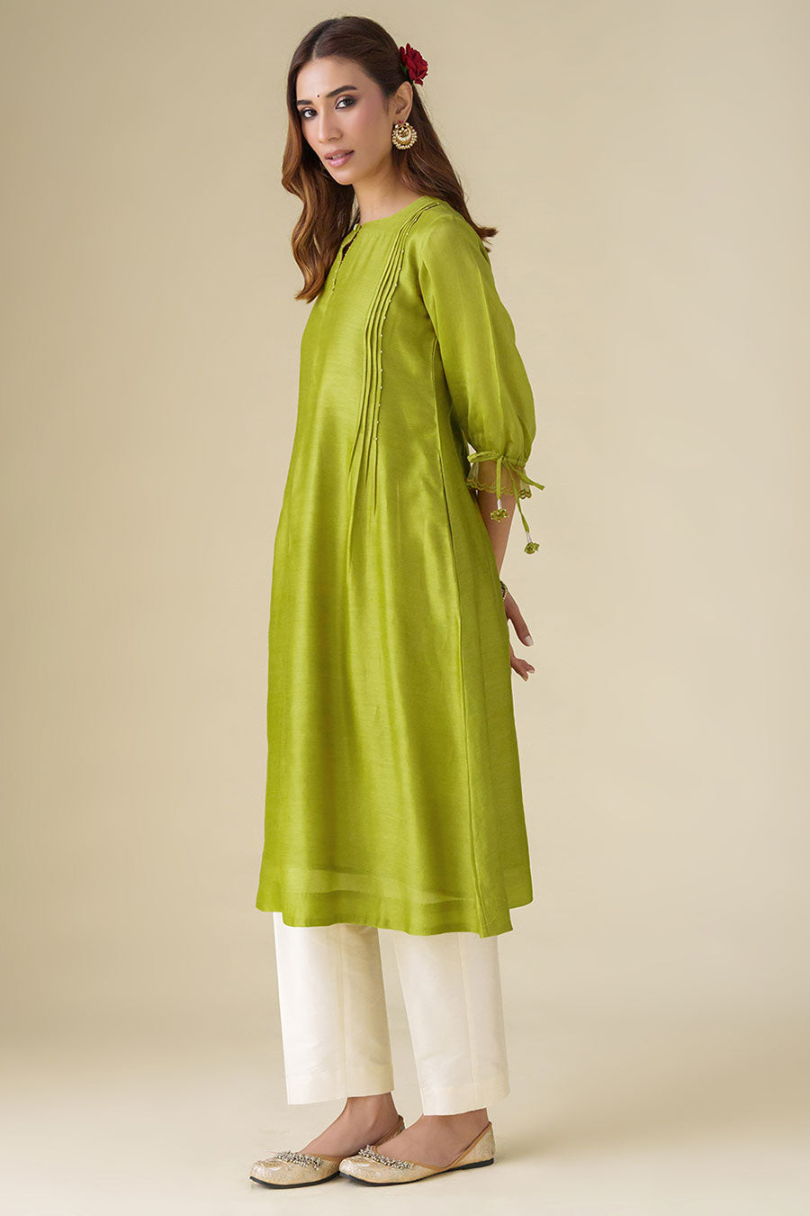 Lime Green Flowy Pintuck Kurta & Pant Set (Set of 2)