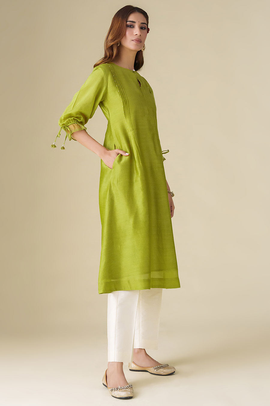 Lime Green Flowy Pintuck Kurta & Pant Set (Set of 2)