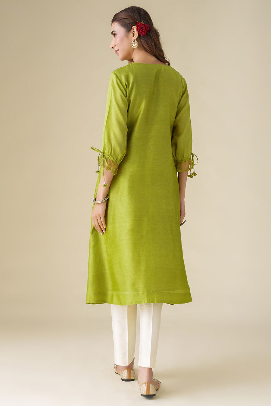 Lime Green Flowy Pintuck Kurta & Pant Set (Set of 2)