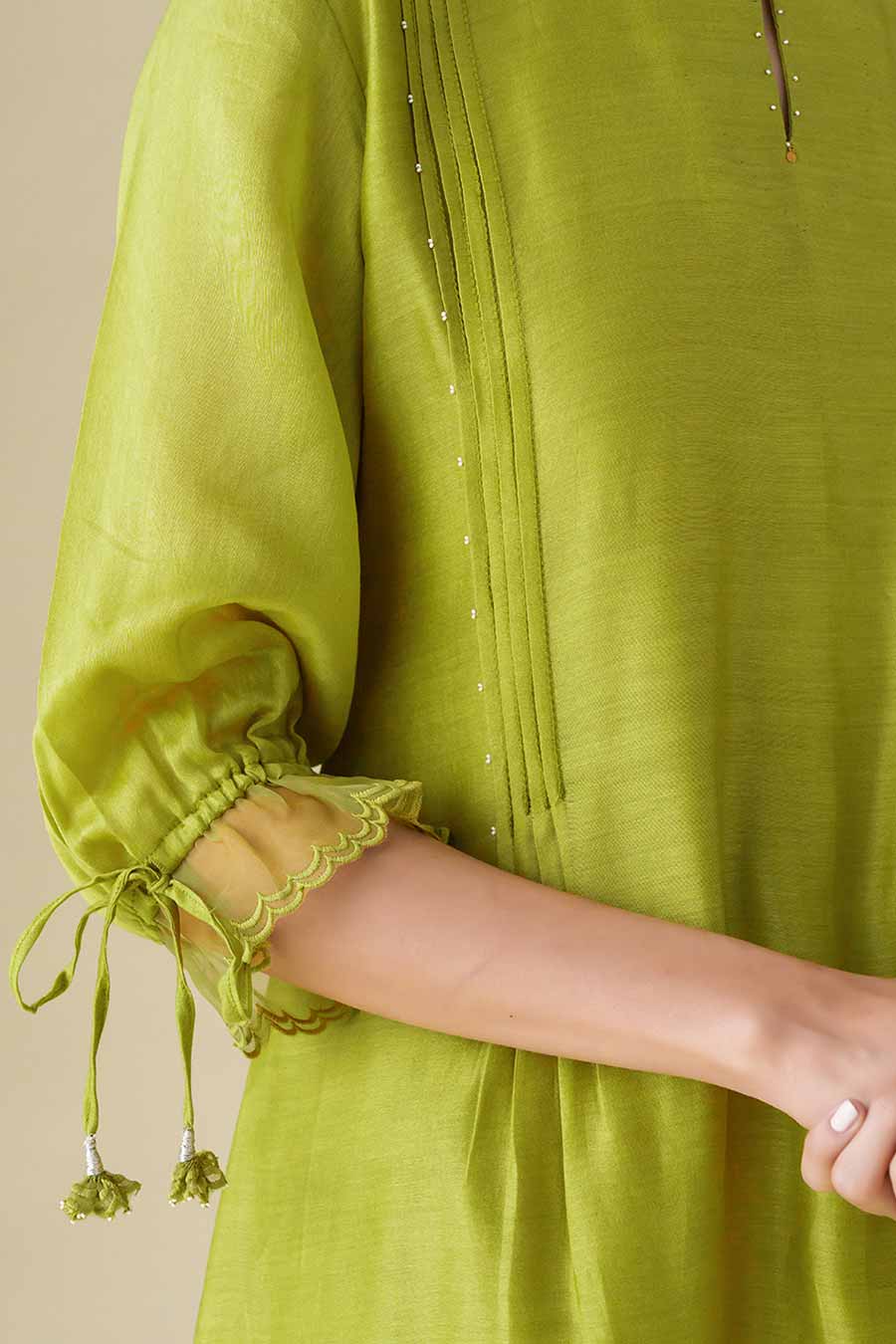 Lime Green Flowy Pintuck Kurta & Pant Set (Set of 2)