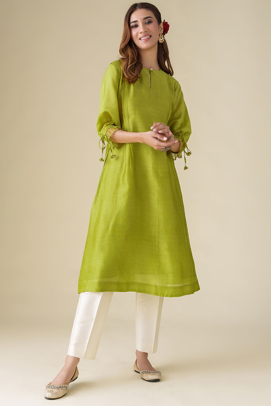 Lime Green Flowy Pintuck Kurta