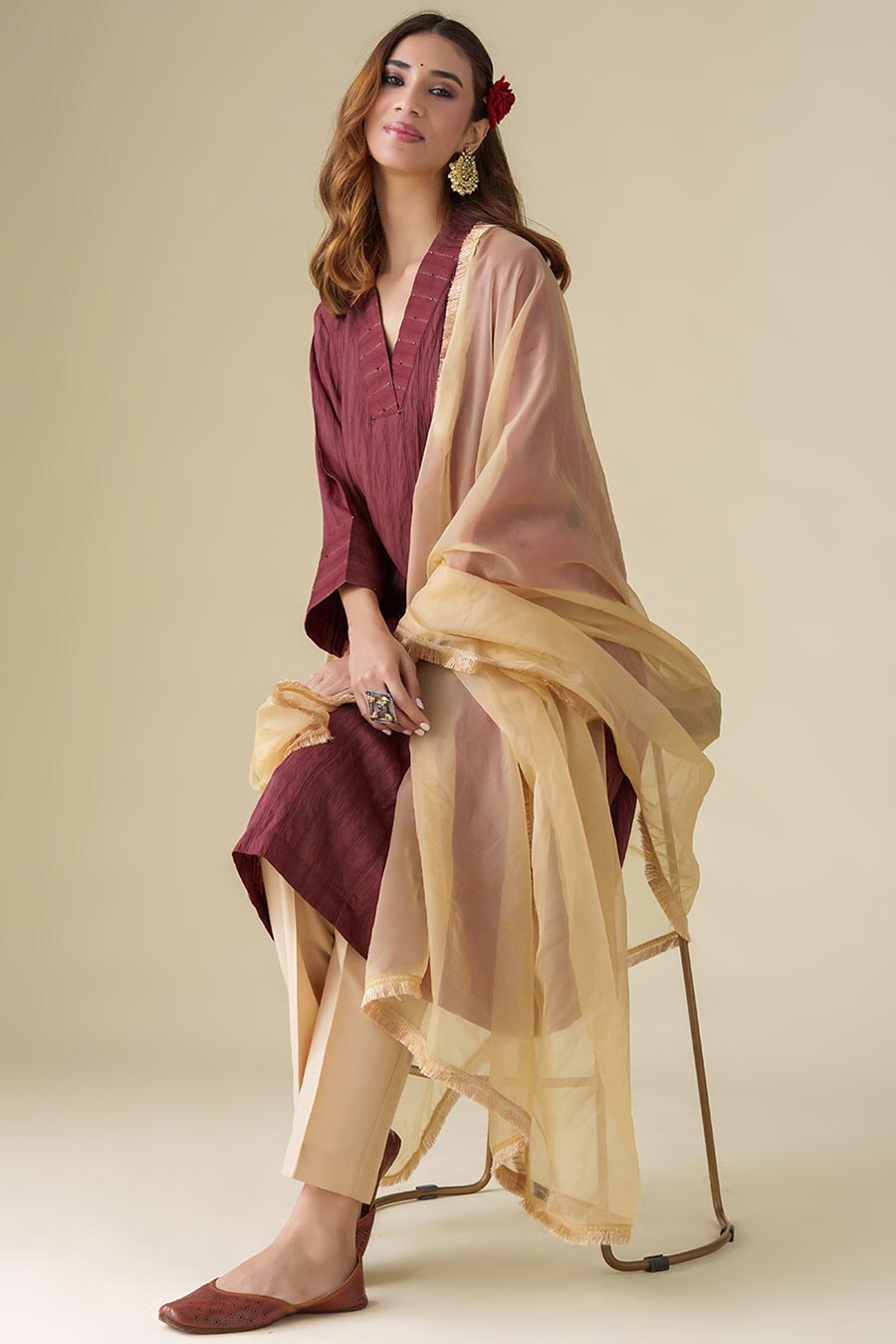 Maroon Hand-Embellished Kurta Set (Set of 3)