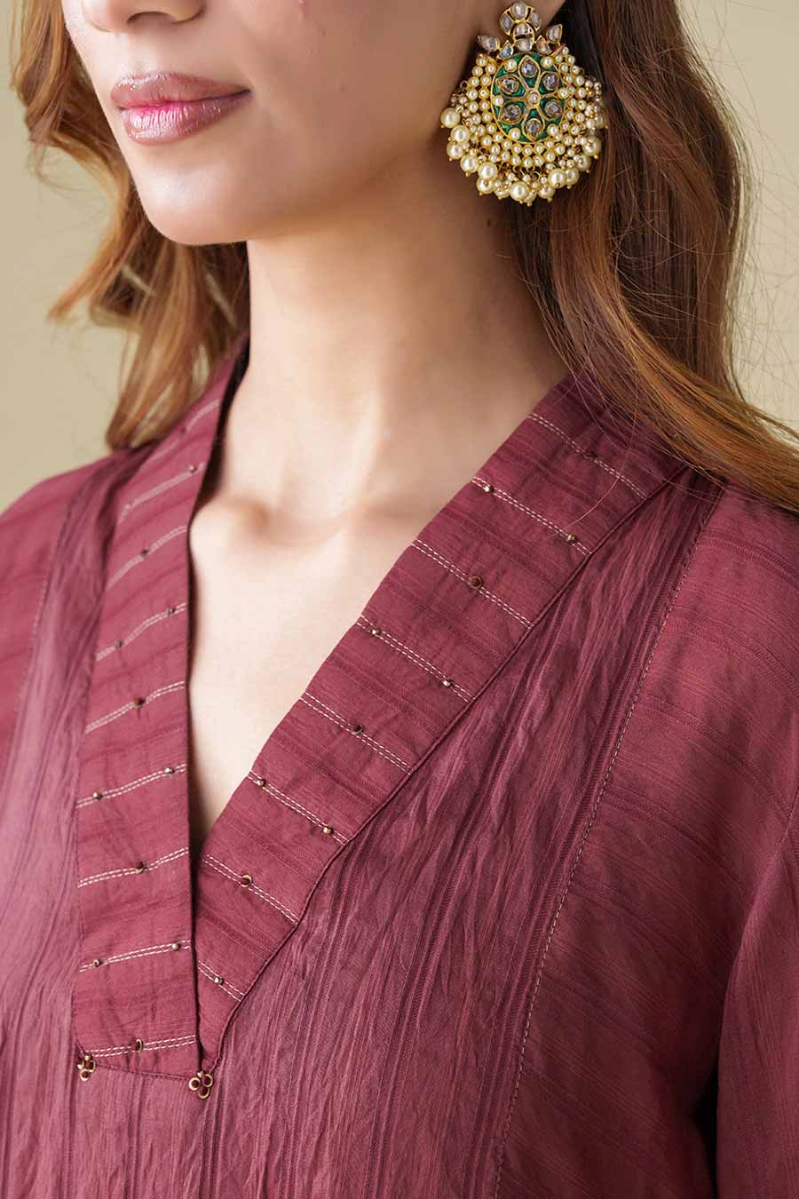 Maroon Hand-Embellished Kurta Set (Set of 3)