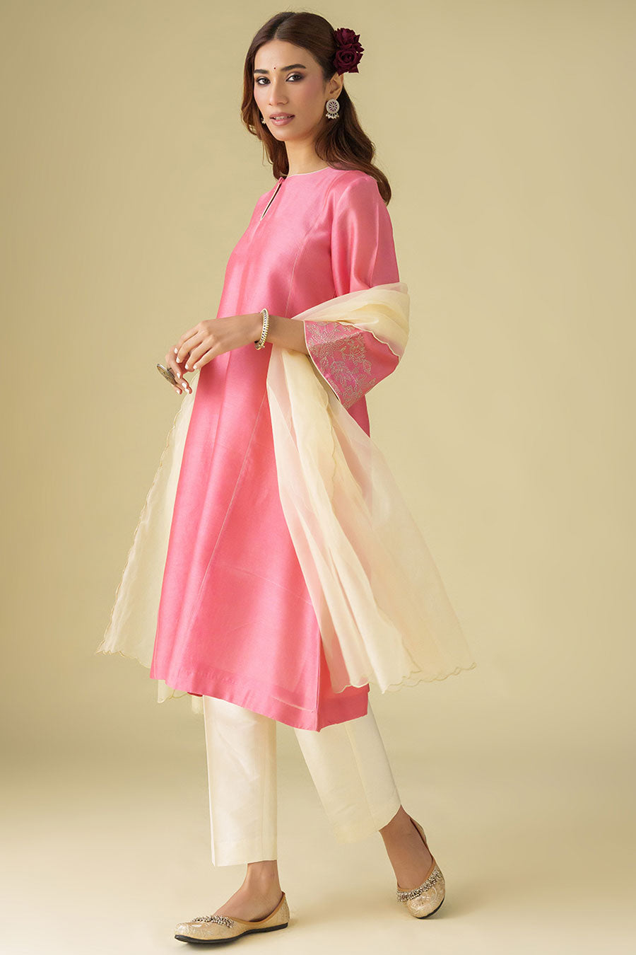 Pink Zari-Embroidered Kurta Set (Set of 3)