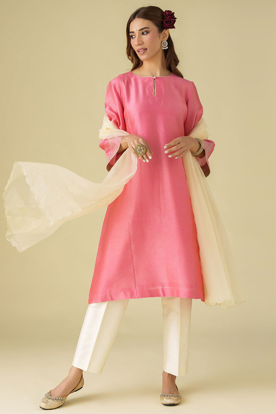 Pink Zari-Embroidered Kurta Set (Set of 3)