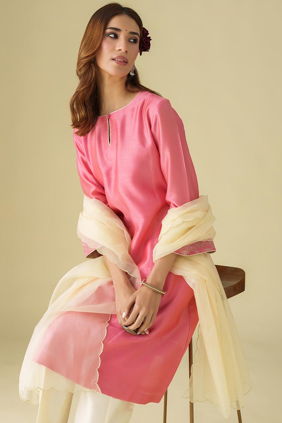 Pink Zari-Embroidered Kurta Set (Set of 3)