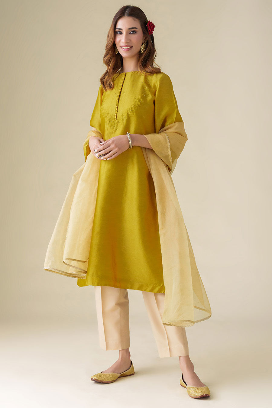 Mustard Floral-Embroidered Kurta Set (Set of 3)