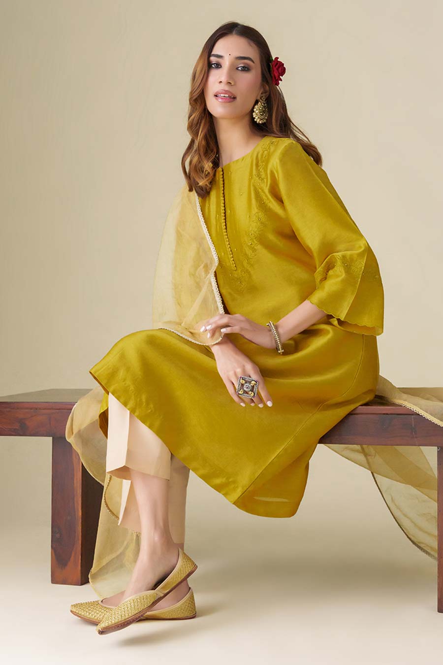 Mustard Floral-Embroidered Kurta Set (Set of 3)