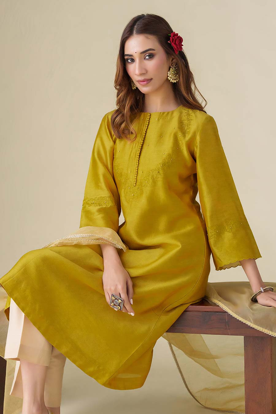 Mustard Floral-Embroidered Kurta Set (Set of 3)