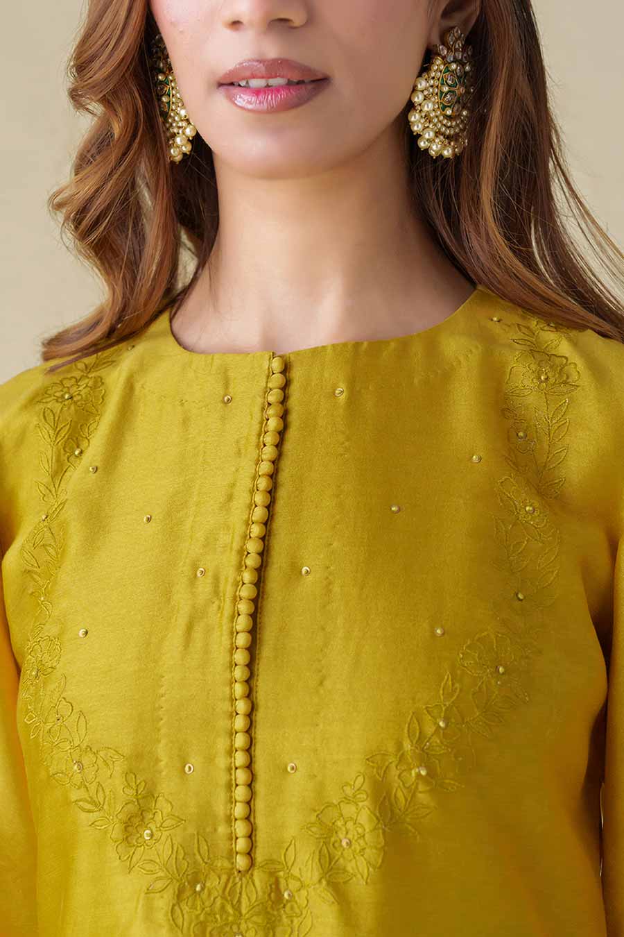 Mustard Floral-Embroidered Kurta Set (Set of 3)