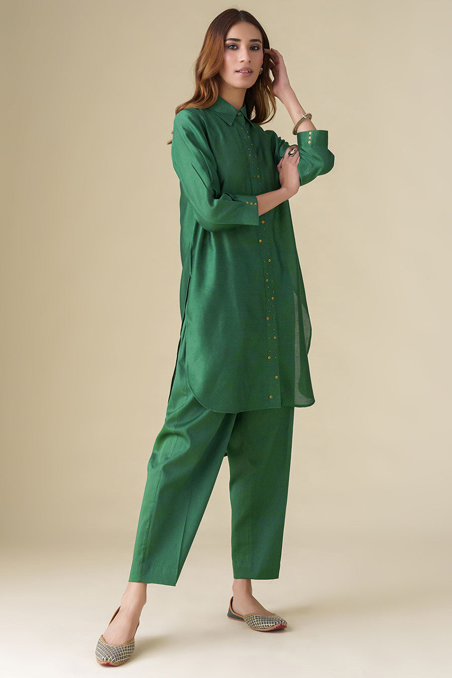 Bottle Green Embellished Tunic & Pants (Set of 2)
