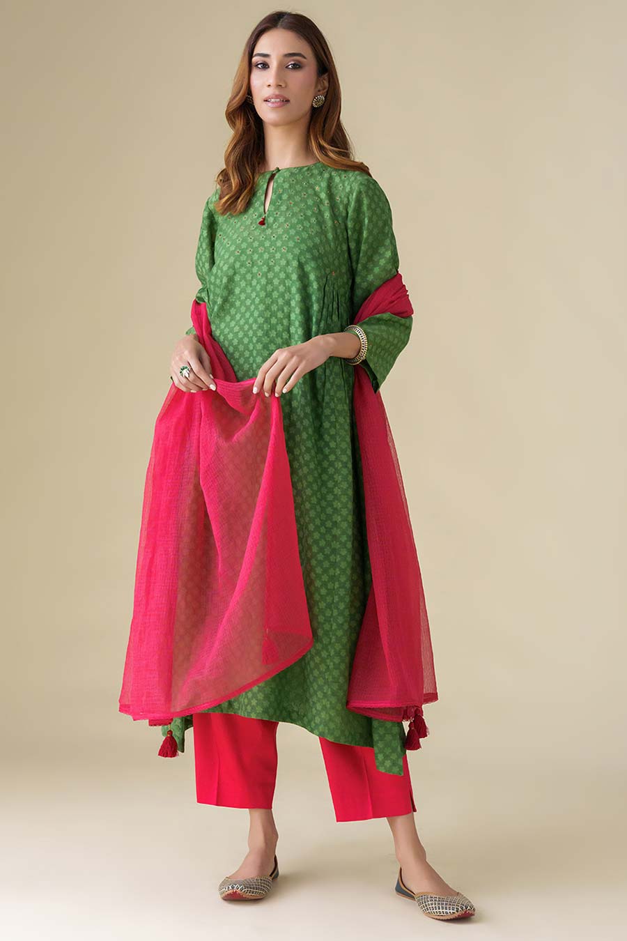 Green Hand-Embellished Kurta Set (Set of 3)