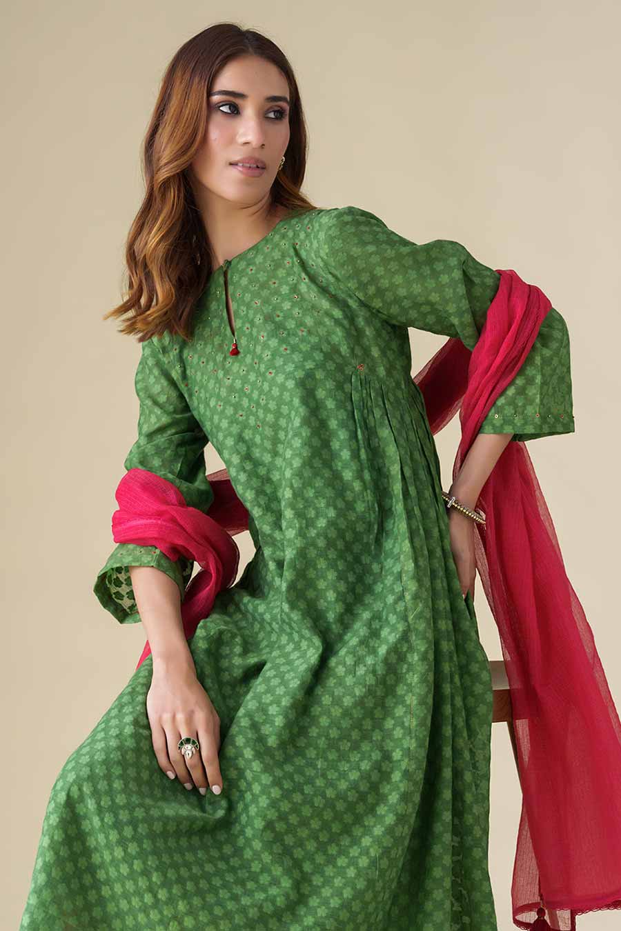Green Hand-Embellished Kurta Set (Set of 3)