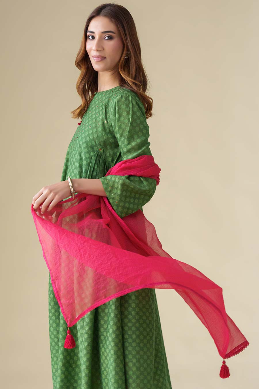 Green Hand-Embellished Kurta Set (Set of 3)