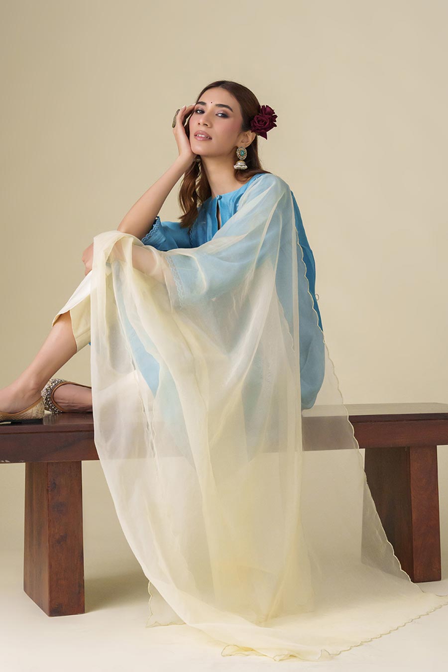 Blue Floral Embroidered Kurta Set (Set of 3)