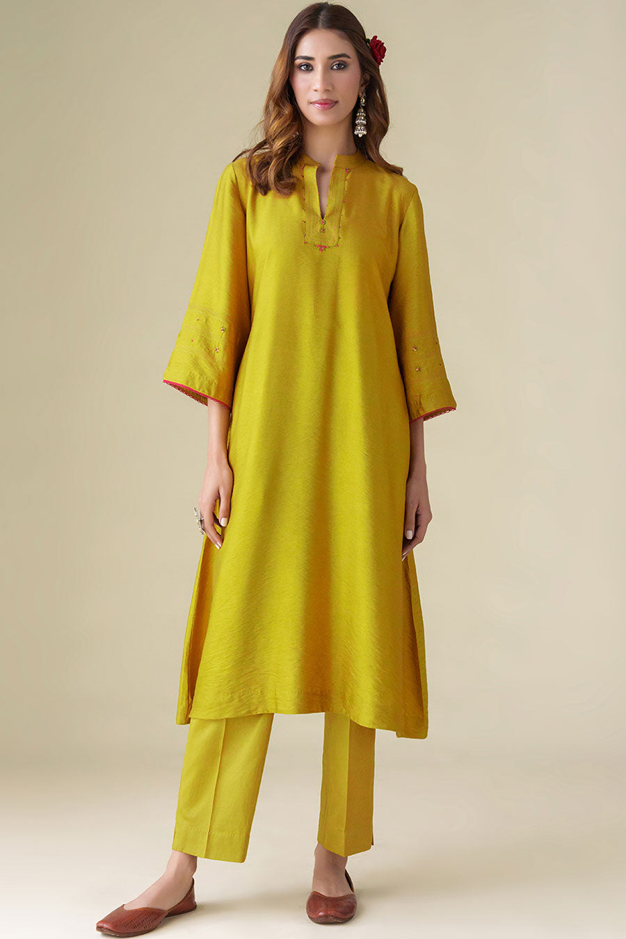 Mustard Hand-Embroidered Kurta Set (Set of 3)