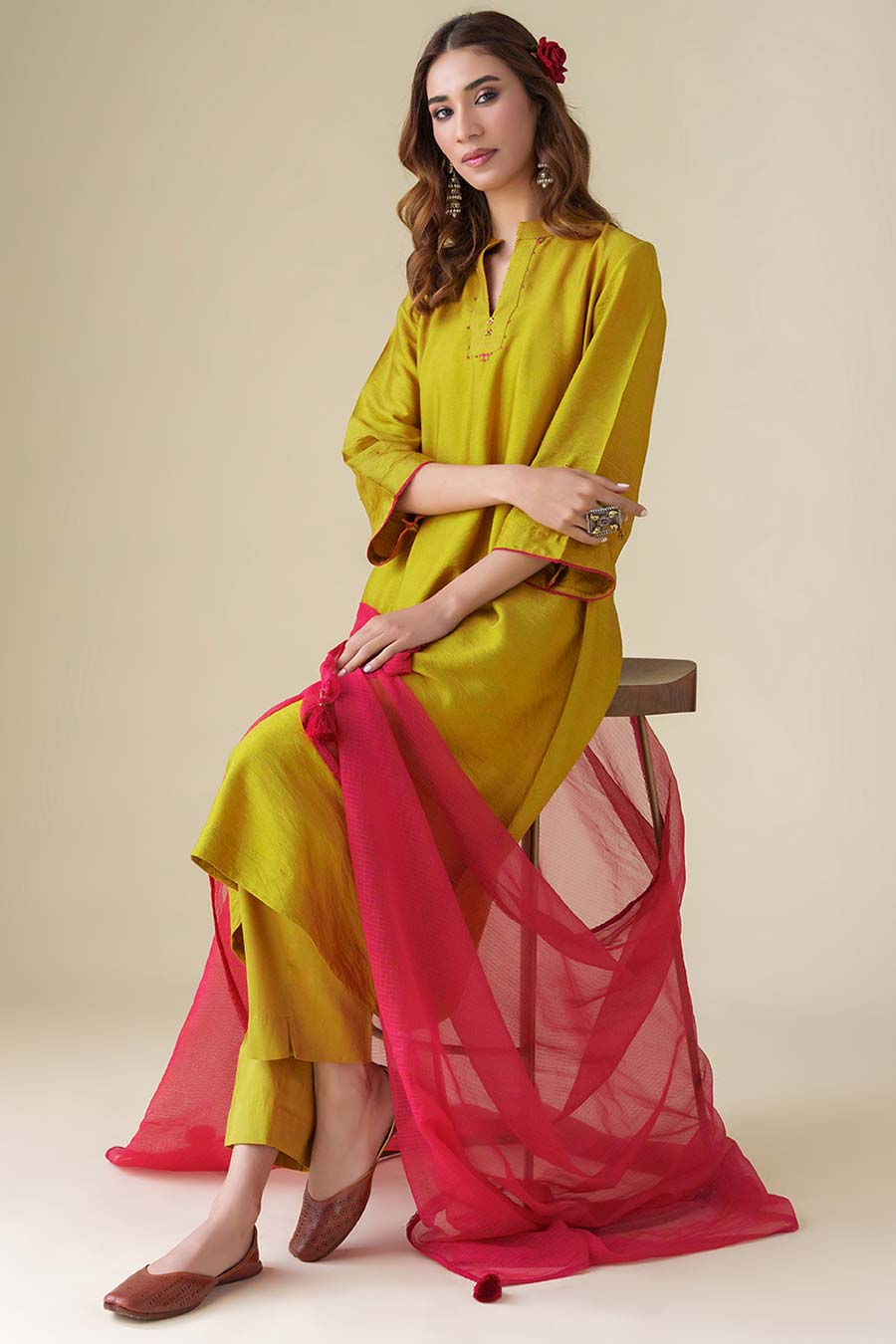 Mustard Hand-Embroidered Kurta Set (Set of 3)