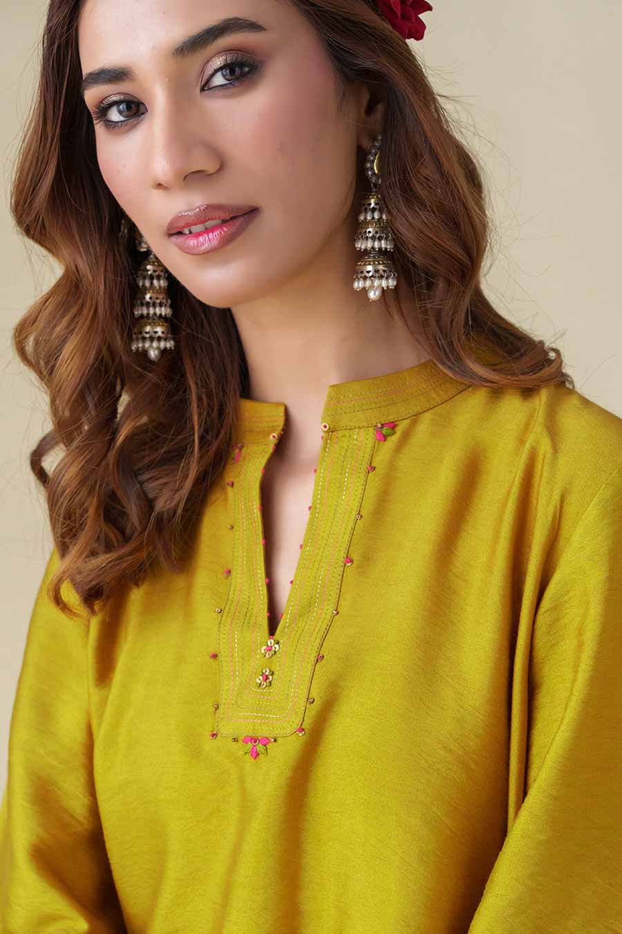 Mustard Hand-Embroidered Kurta Set (Set of 3)