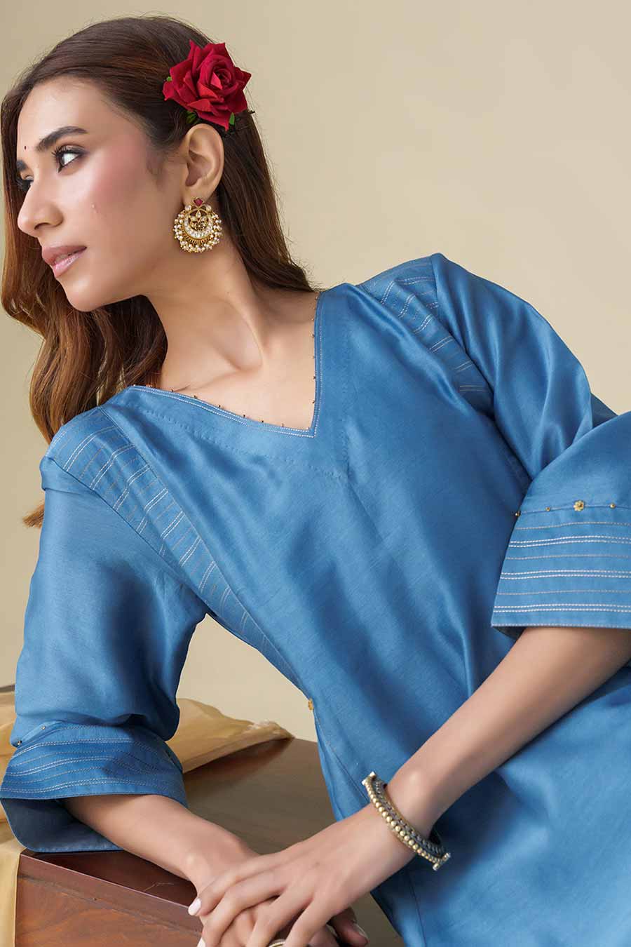Blue Bead-Embellished Kurta Set (Set of 3)