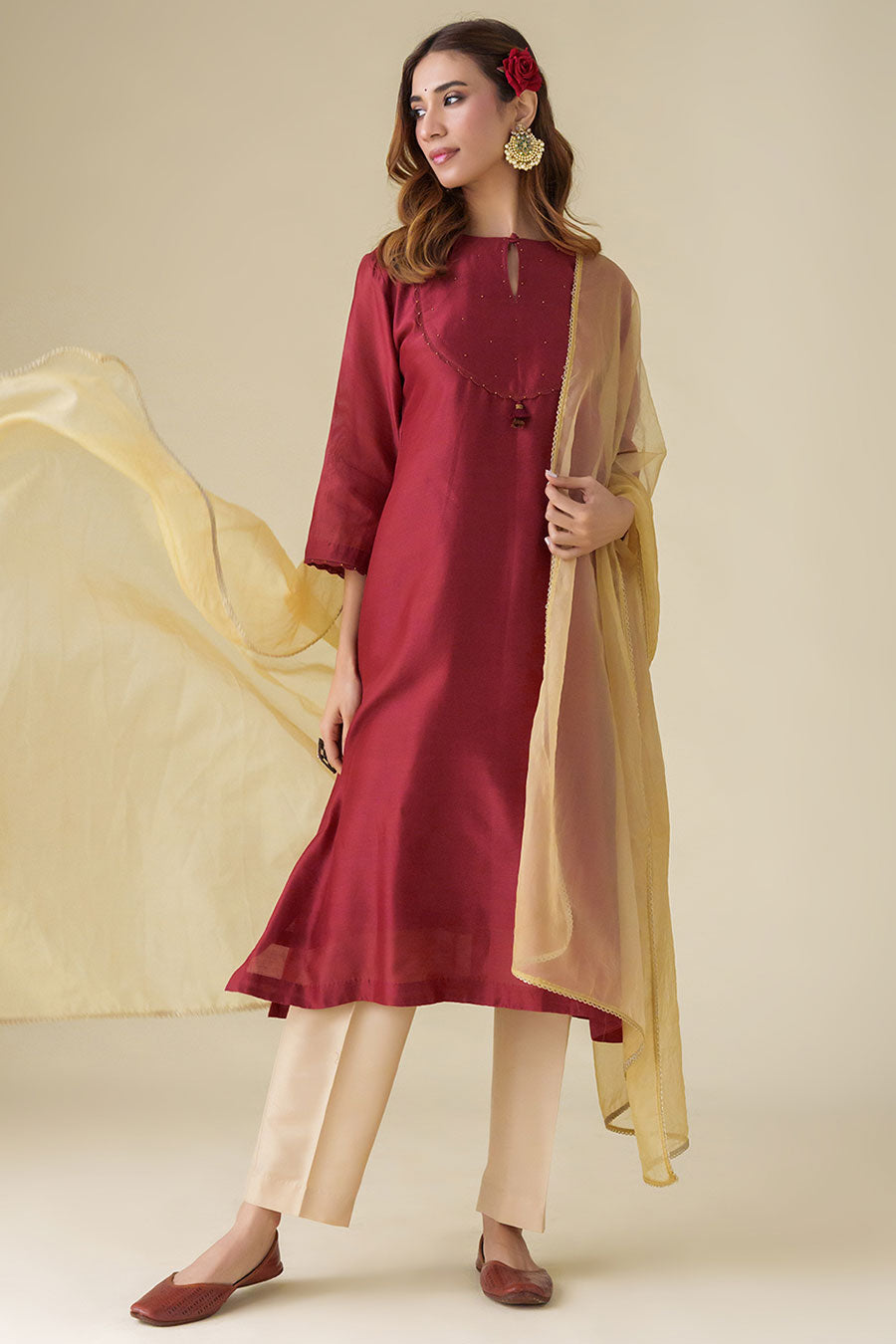 Maroon Embellished Kurta Set (Set of 3)