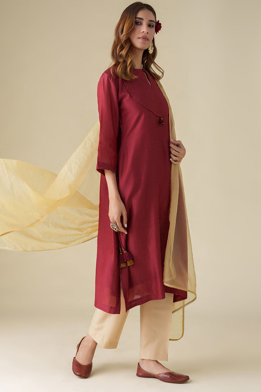 Maroon Embellished Kurta Set (Set of 3)