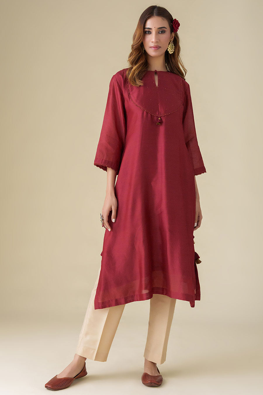 Maroon Embellished Kurta Set (Set of 3)