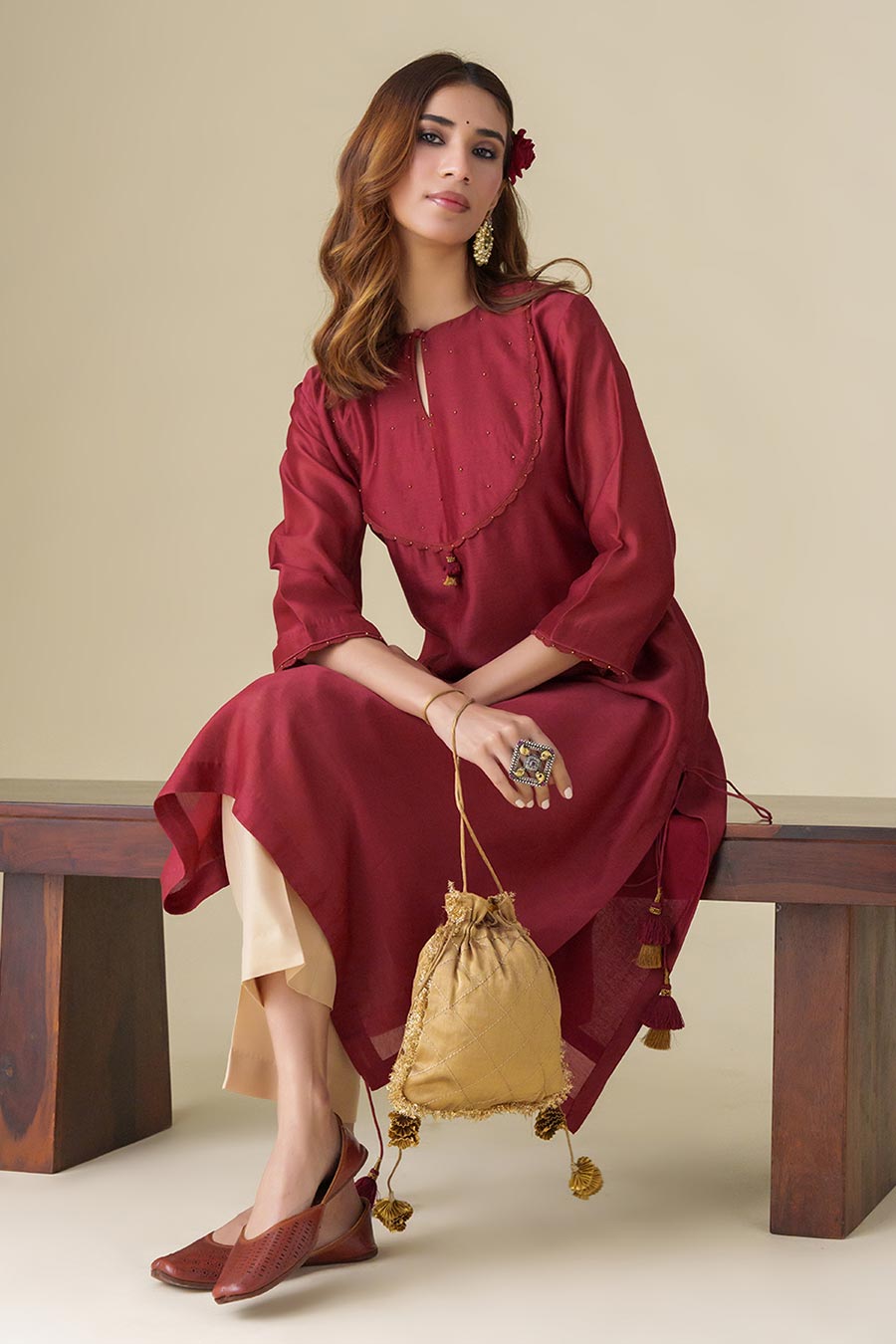 Maroon Embellished Kurta Set (Set of 3)