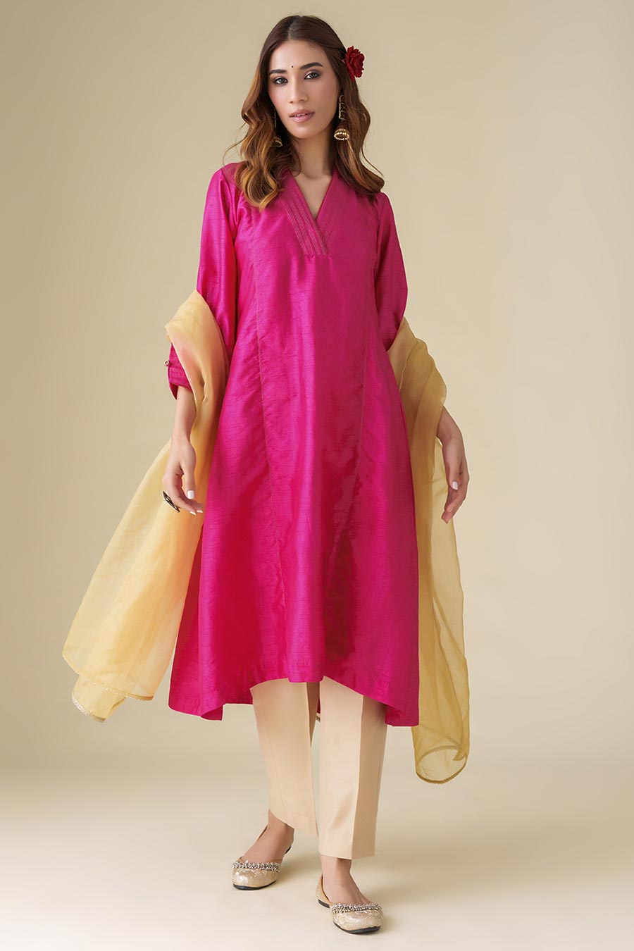 Magenta Zari-Embellished Kurta Set (Set of 3)