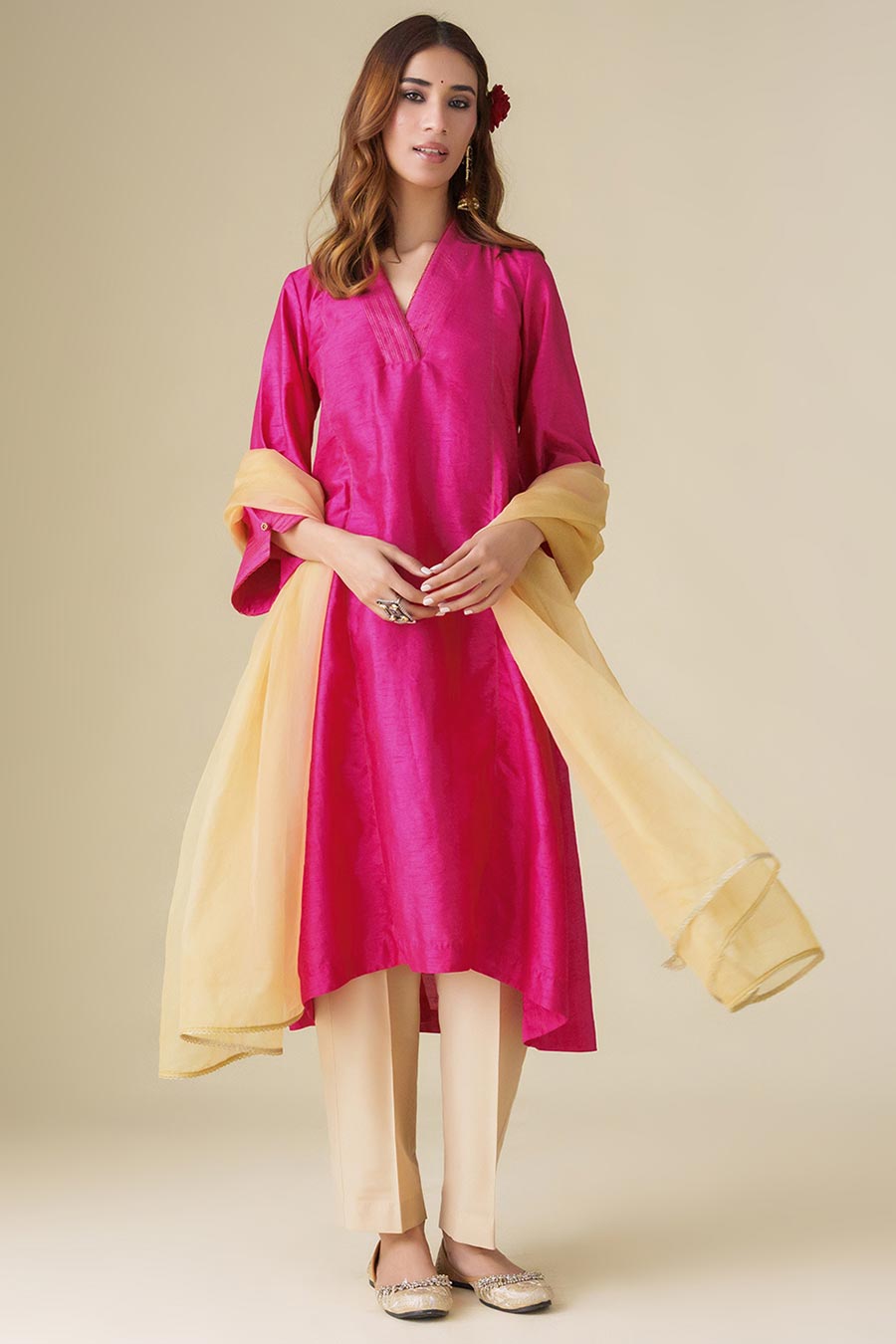 Magenta Zari-Embellished Kurta Set (Set of 3)