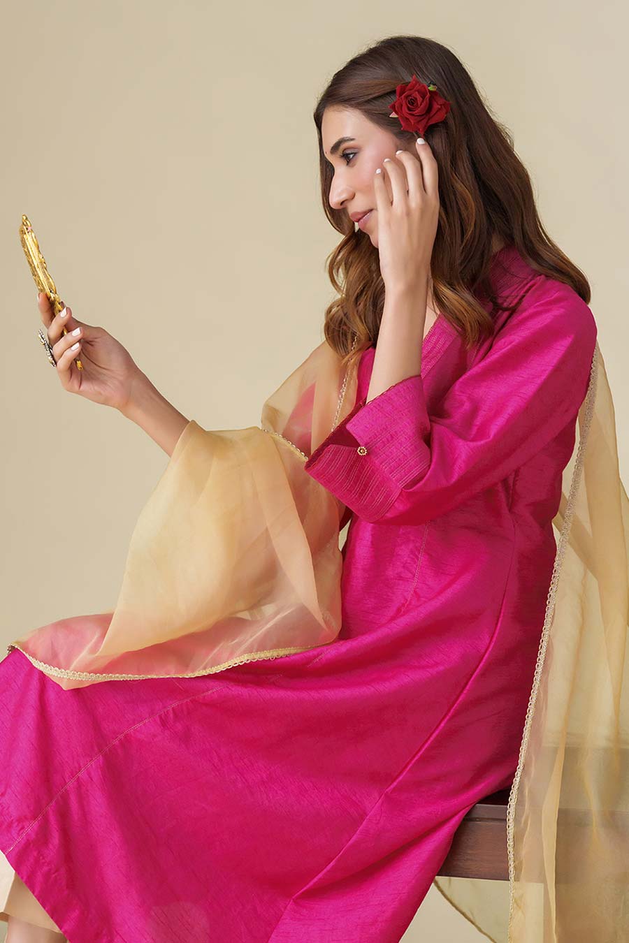 Magenta Zari-Embellished Kurta Set (Set of 3)