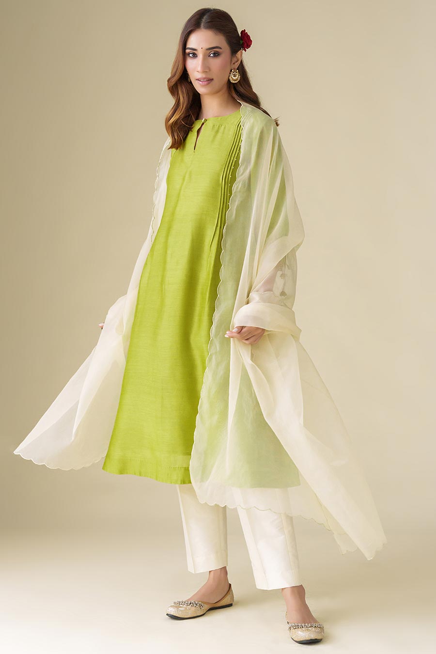 Lime Green Flowy Pintuck Kurta Set (Set of 3)