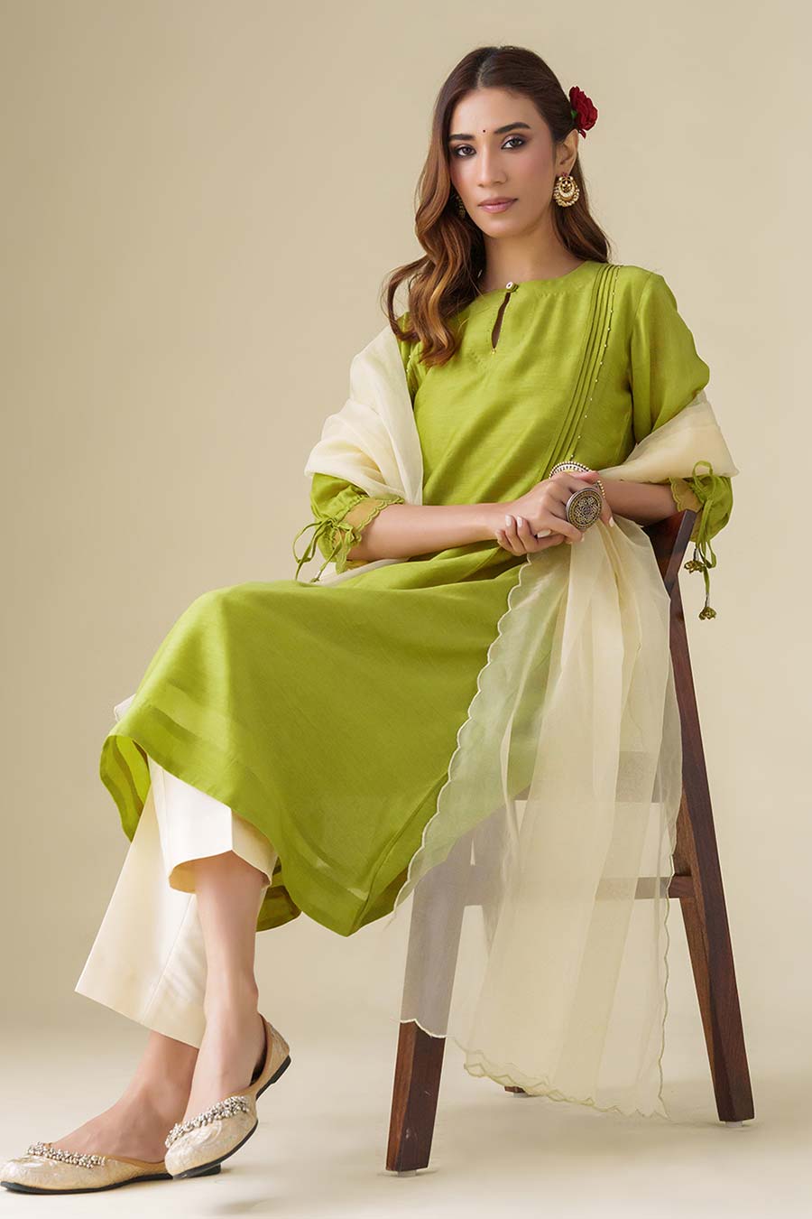 Lime Green Flowy Pintuck Kurta Set (Set of 3)