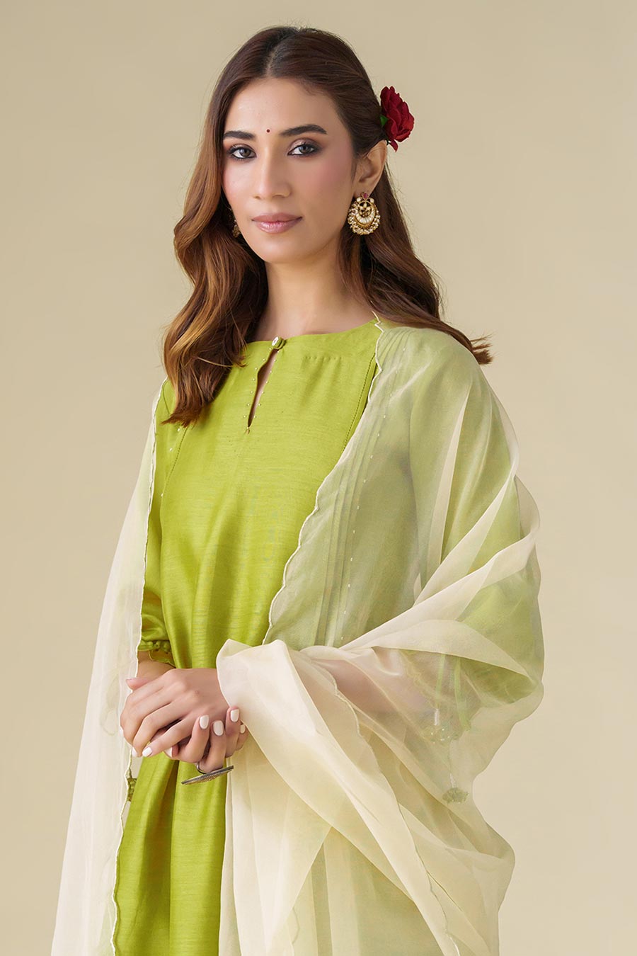 Lime Green Flowy Pintuck Kurta Set (Set of 3)