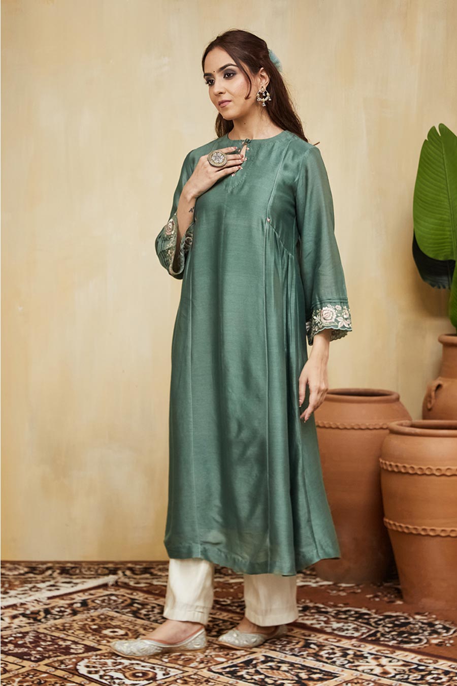 Green Nadia Floral Embroidered Kurta