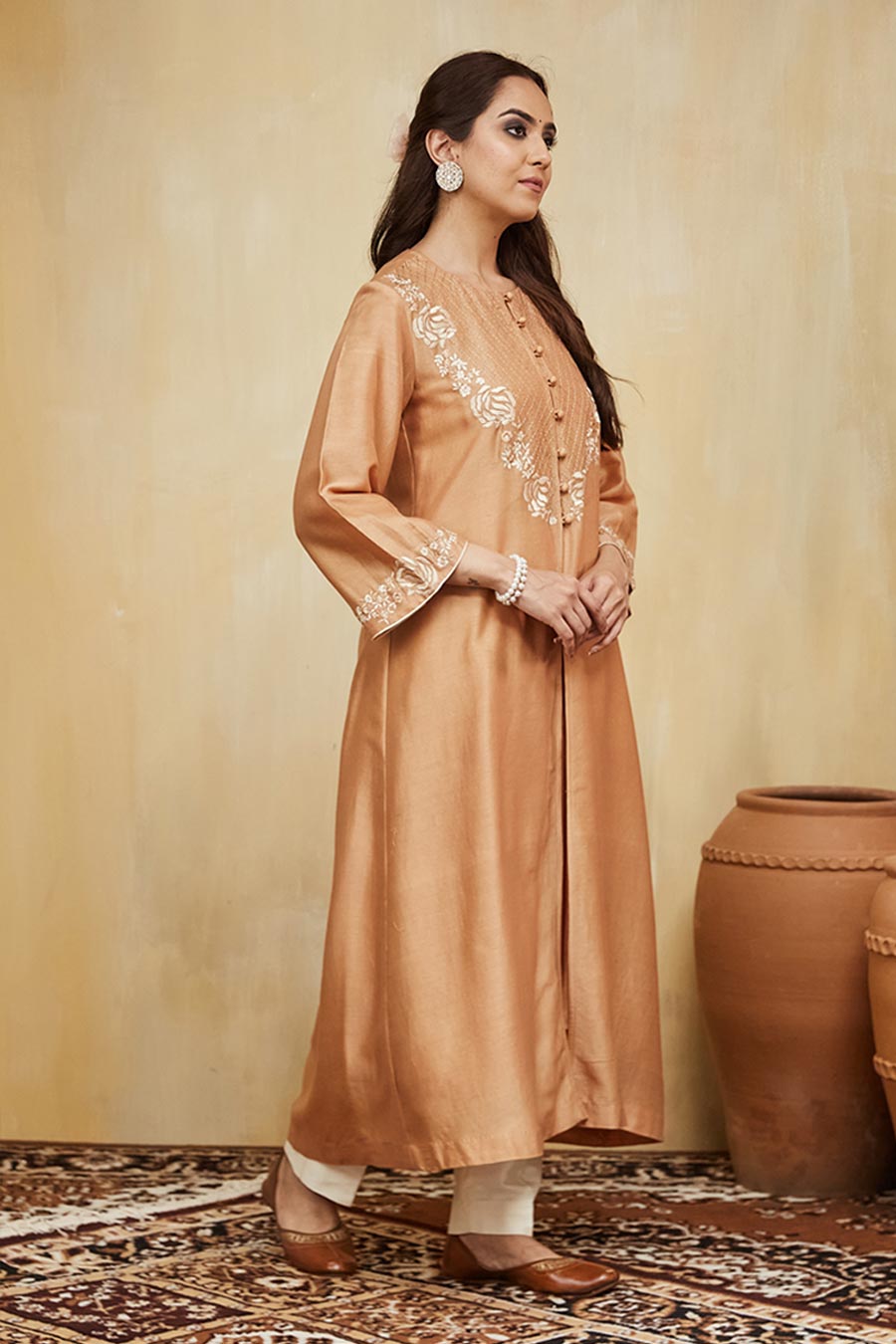 Peach Amina Floral Embroidered Jacket Kurta
