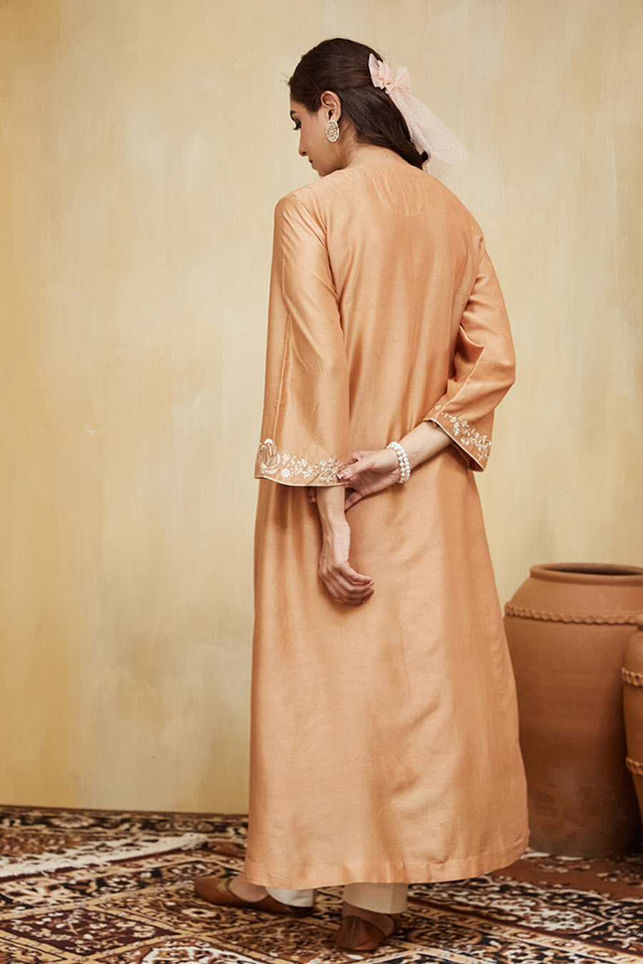 Peach Amina Floral Embroidered Jacket Kurta
