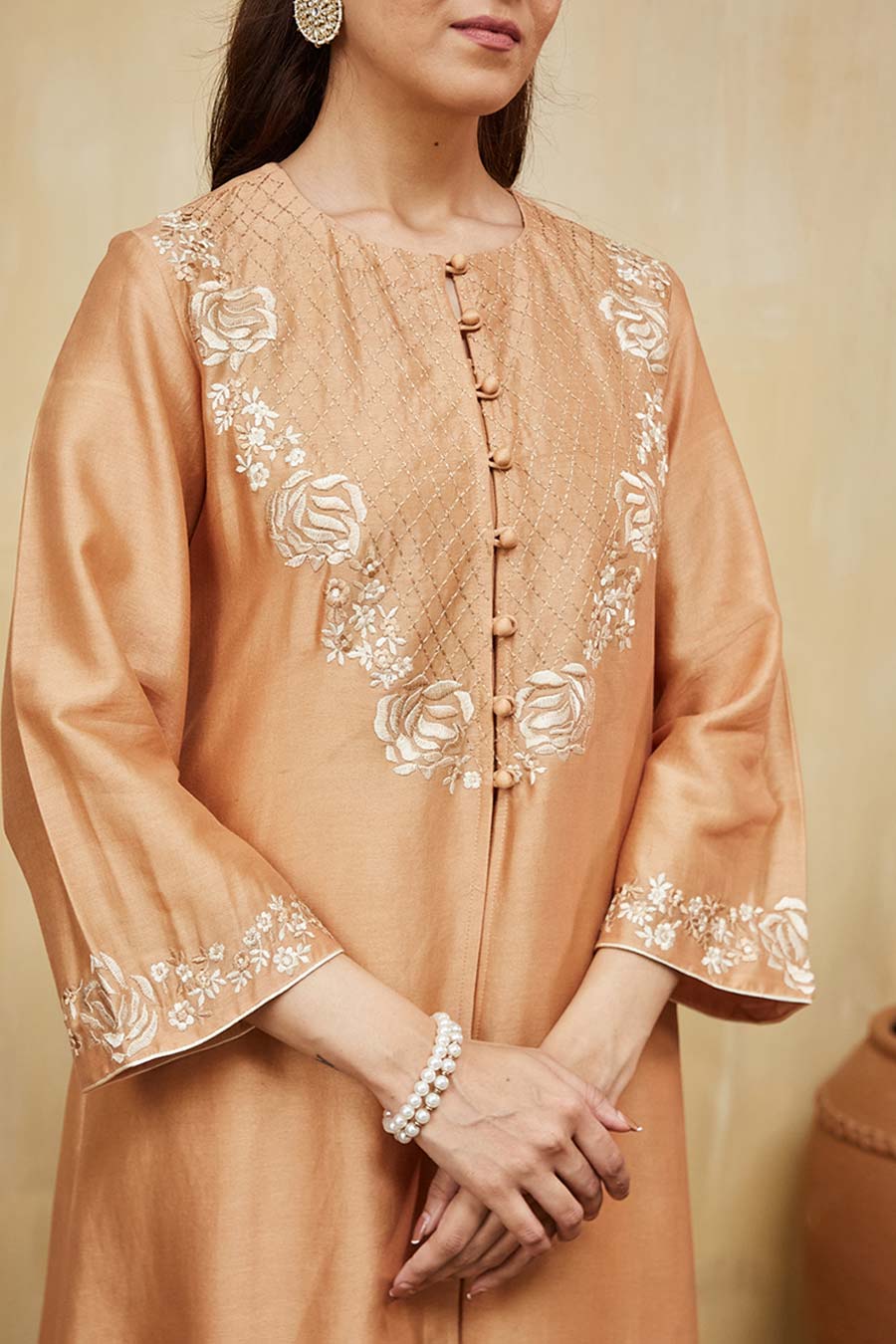 Peach Amina Floral Embroidered Jacket Kurta