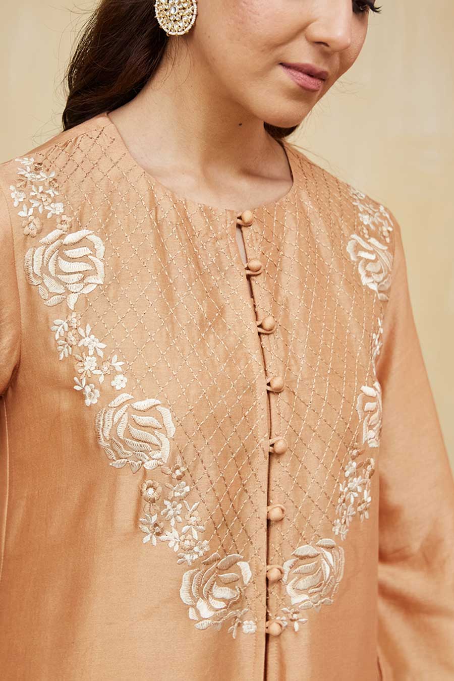 Peach Amina Floral Embroidered Jacket Kurta