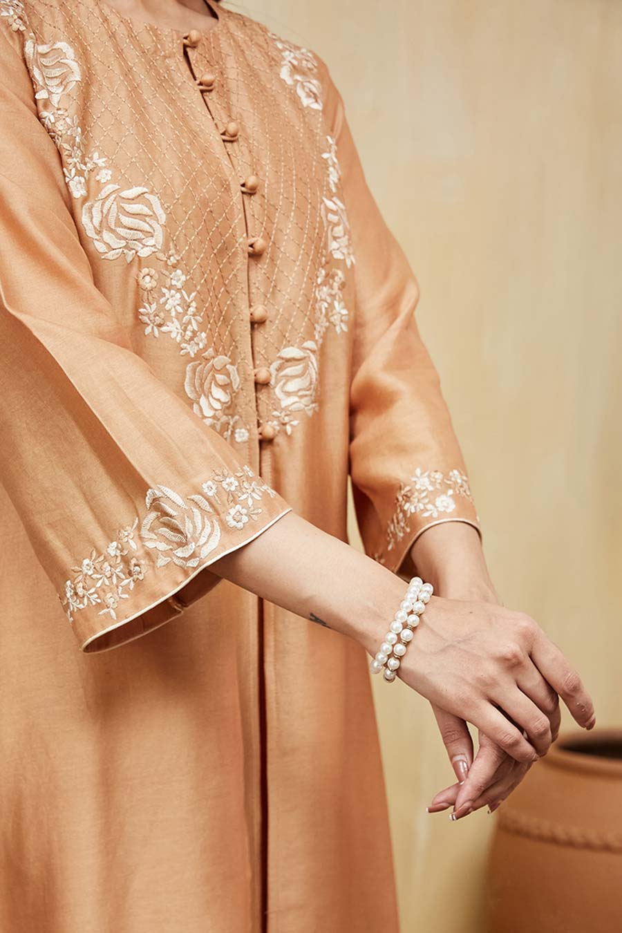 Peach Amina Floral Embroidered Jacket Kurta