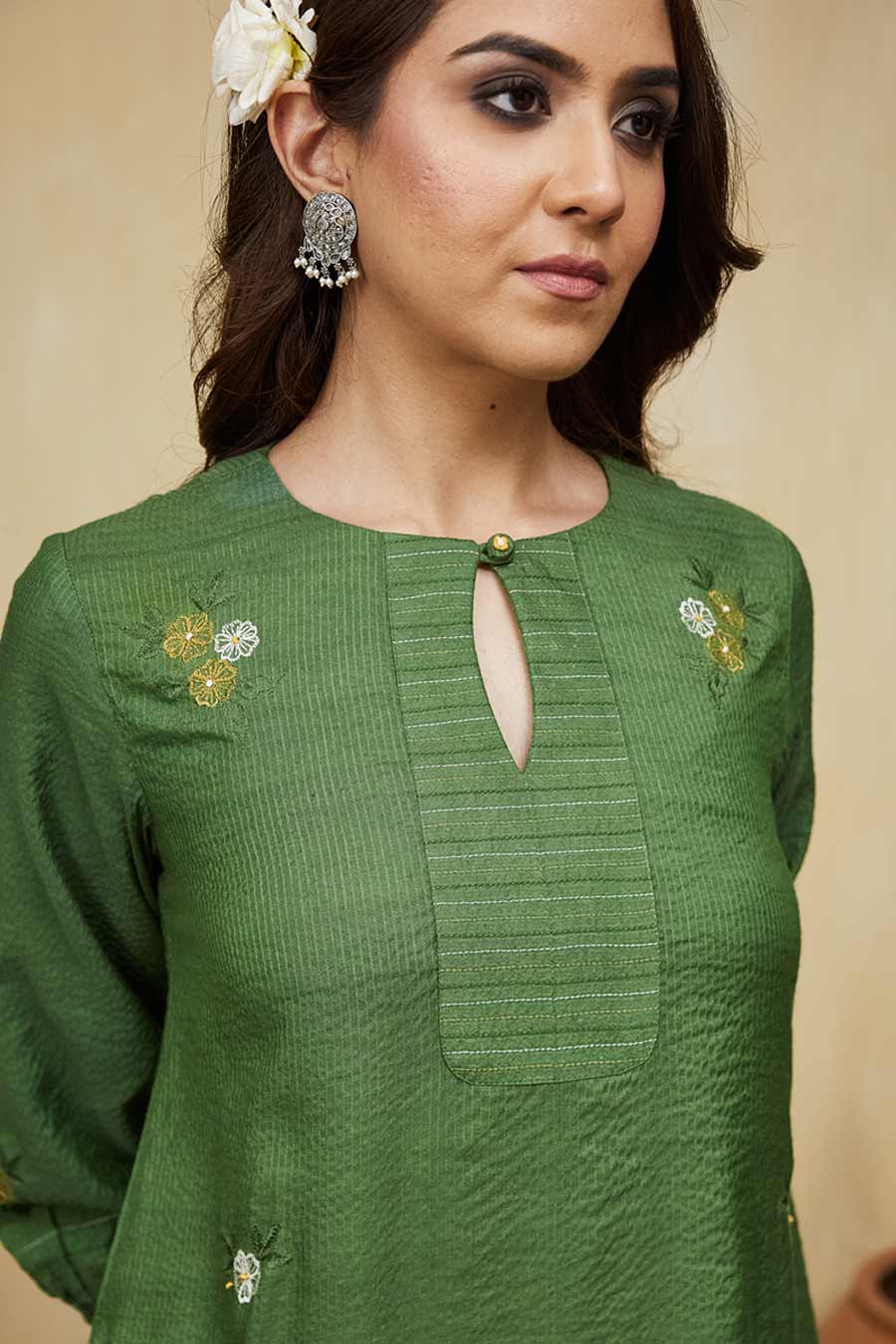 Green Gardenia Floral Embroidered Dress